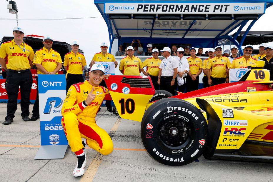 NTT P1 Award winner #10: Alex Palou, Chip Ganassi Racing Honda celebrates his pole run